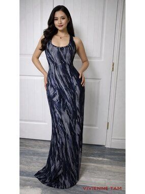 Vivienne Tam Blue Printed Sheer Mesh Lined Racerback Maxi Dress Size Small